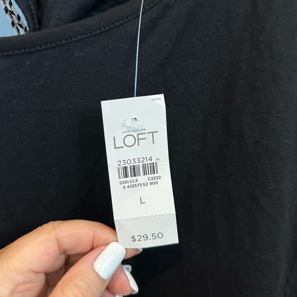 NWT LOFT Black Short Sleeve Tee. Size large. Black/white back tie with tassels. - Picture 6 of 12